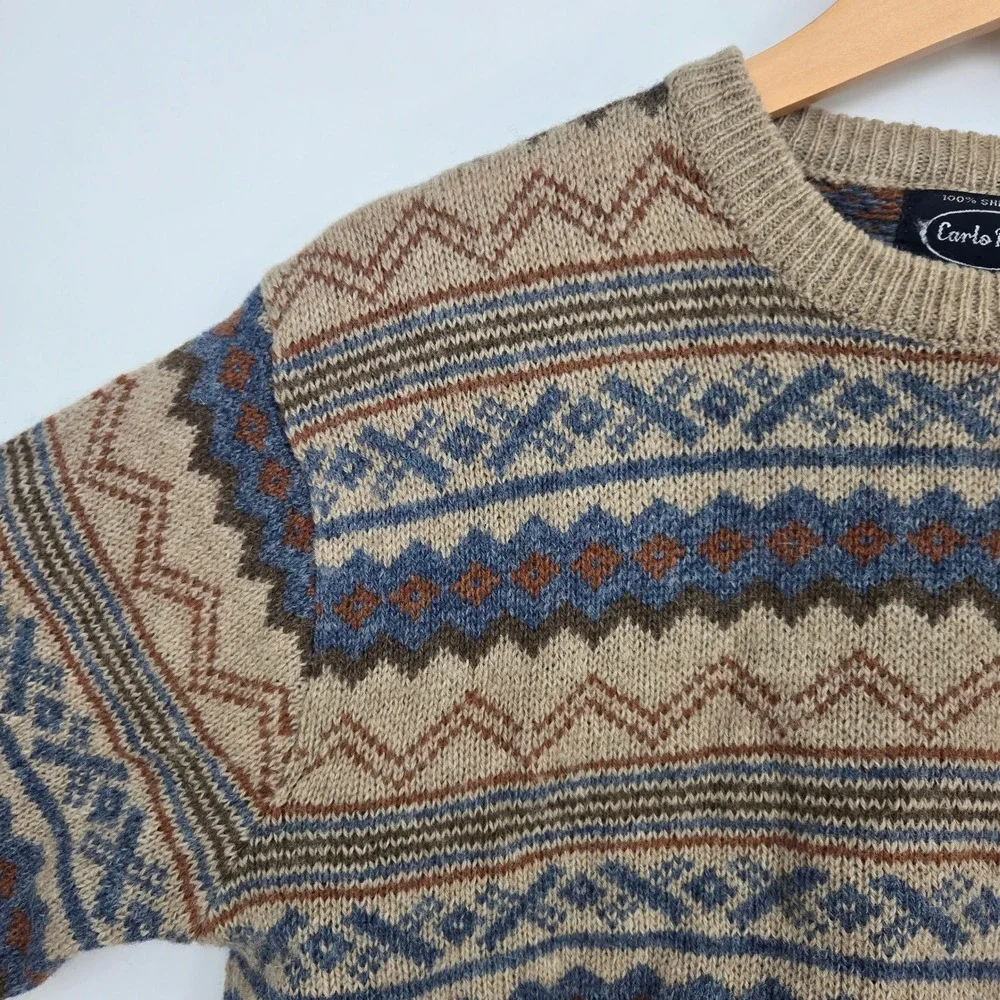 Vtg 100% Shetland Wool Mens M Hand-Framed Sweater Fair Isle Cozy Fall Winter